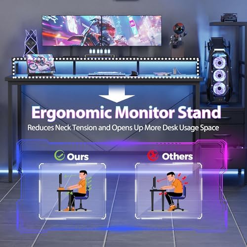 Mericonia 60 inch Gaming Desk with Drawers, Reversible Computer Desk, Black - Image 7