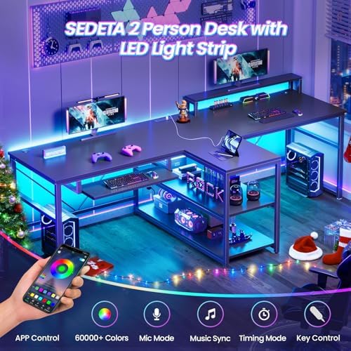 SEDETA 94.5" 2 Person Gaming Desk with Storage Shelves, LED Light, Black - Image 3