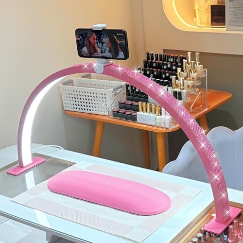 Half Moon Light for Nail Desk - 29-inch LED Nail Tech Lamp with Hands Pillow, Phone Holder，Dimmable Arch Design,48W Portable Manicure Light for Salon and Home Use（Pink-Pink Diamond） by Unknown