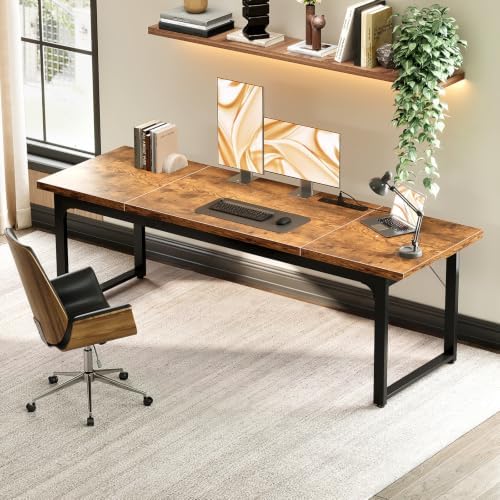 Coleshome 79 Inch Long Computer Desk with Power Outlet, Thicker Desktop & Legs, Large Heavy Duty Office Desk for Home Office & Gaming, Rustic Brown - Image 2