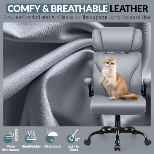 Office Chair, Ergonomic Big and Tall Computer Desk Chair with Retractable Adjustable Headrest, Executive Breathable Leather Chair, Lumbar Support Swivel Flip-up Armrests Rocking Function,Matte Gray - Image 4