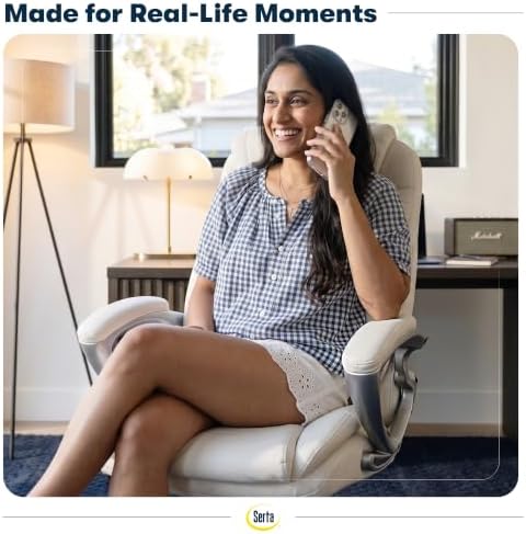 Serta Bryce Executive Office Chair - Ergonomic Computer DeskChair with Lumbar Technology - Adjustable Height - Memory Foam Body Pillows - 360° Swivel Rolling Base - Bonded Leather - Cream - Image 4