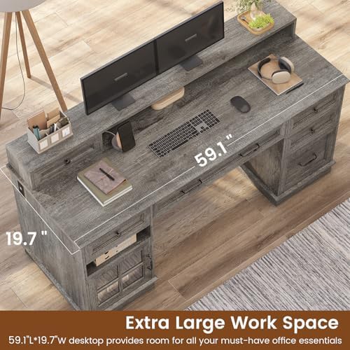 HAUOMS Farmhouse Executive Desk Computer Desk with Drawers，Grey - Image 2