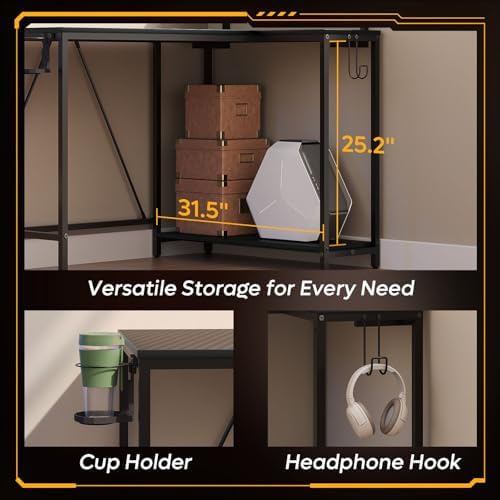 Pinmoco 42" Reversible L-Shaped Desk, Gaming Desk with LED Lights, Monitor Stand, Cup Holder and Headset Hook, Corner Work Station for Home Office, Study and Small Spaces, Carbon Fiber Black - Image 5