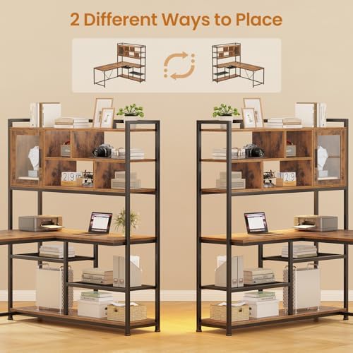 SEDETA L Shaped Computer Desk with Storage Shelves, Bookshelf, Rustic Brown - Image 5