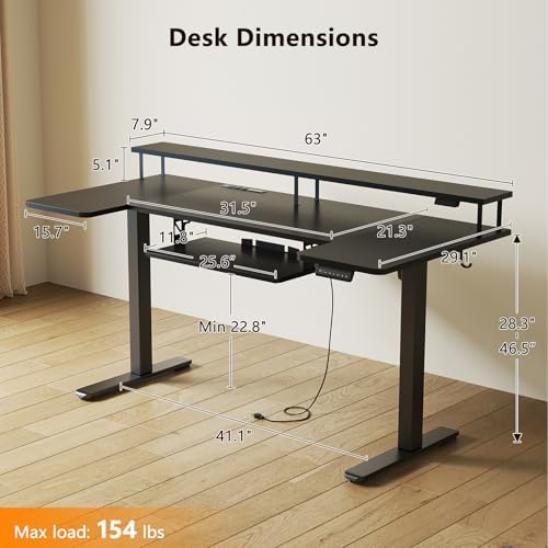 OffiGo 63 Inch U Shaped Electric Standing Desk with Keyboard Tray, Black - Image 3
