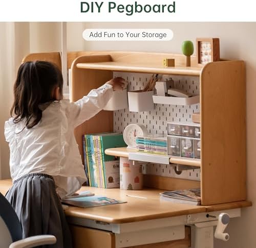 YESWOOD 21-30'' Height Adjustable Study Desk with Hutch, Beech Manual Crank Sit Stand Up Desk, 39'' Ergonomic Adjustable Small Low Desk with Pegboard & Shelf Hutch for Reading Writing Creative Moments - Image 7