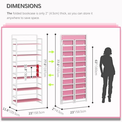 4NM No Assembly 6 Tier Folding Bookshelf Tall Storage Shelves Vintage Bookcase Standing Racks Study Organizer Home Office - Image 2