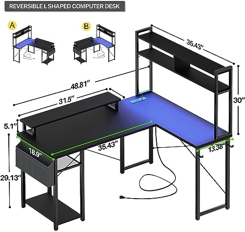 Aheaplus Small L Shaped Desk Gaming Desk with LED Lights & Power Outlets - Image 2