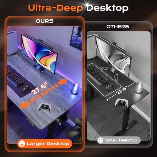 Huuger 55 x 28 Large Electric Standing Desk, Height Adjustable Desk, 27.6" Deep Desktop, Stand up Gaming Computer Office Desk with 2 Hooks, 3 Preset Heights, for Home Office, Grey - Image 4