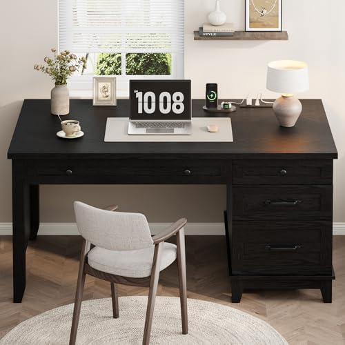 53.5" Farmhouse Home Office Desk with File Cabinet, Wooden Executive Desk with Power Outlet, Work Desk with Drawers, Traditional Wood Desk for Home and Office, Black - Image 3