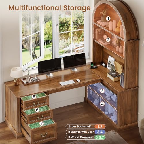 SEDETA 67" L Shaped Desk with Tall Arched Bookshelf & 3 Drawers Storage - Image 5
