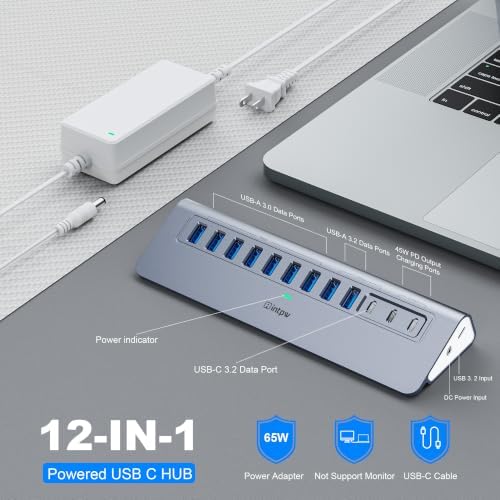 Powered USB Hub 10Gbps, intpw YH9AC 12-Port USB Splitter with USB A/USB C 3.2, 7 USB 3.0, 2 PD 45W Charging Ports, 65W Power Adapter + 3.3FT Cable, Aluminum USB Extender Hub for Laptop/PC/iPhone 16/15 - Image 2