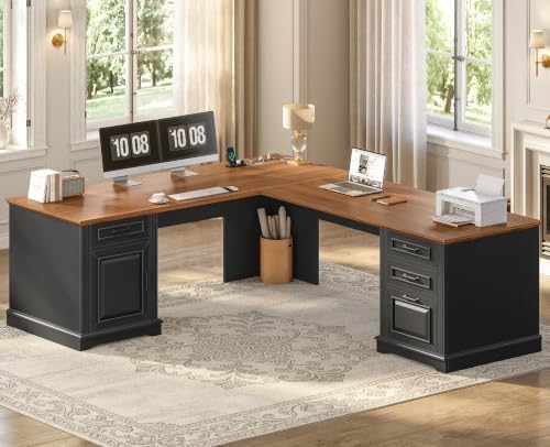 SEDETA Farmhouse 69" Executive L Shaped Desk, Home Office Desk with Drawers and Storage Cabinet & Power Outlet, Corner Computer Desk, Black by SEDETA