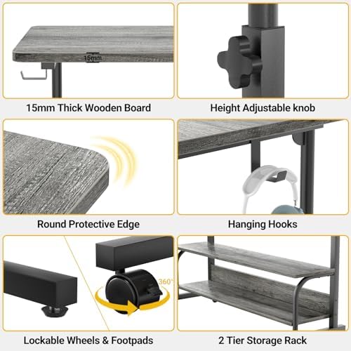 32" Height Adjustable Standing Desk with Power Outlets - Manual Rolling Stand Up Desk with Wheels Small Portable Computer Desk Mobile Laptop Table with Storage Shelves for Home Office, Grey Oak - Image 5