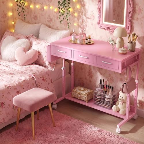 Pink Rolling Desk with Drawers, 40" Height Adjustable Girls Standing Desk - Image 5