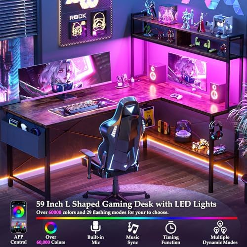 Aheaplus 59" L Shaped Desk Gaming Desk with LED Light & Power Outlet - Image 5