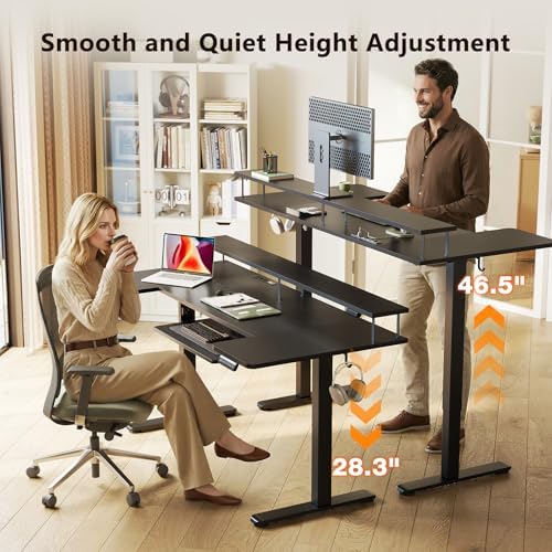 OffiGo 63 Inch U Shaped Electric Standing Desk with Keyboard Tray, Black - Image 4