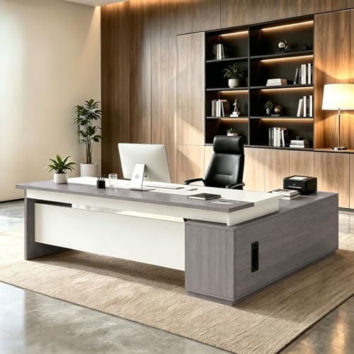 L Shaped Executive Desk with Drawers, Large Wood Workstation, Modern Executive Office Furniture for Home Office and Business Workspace, Multiple Sizes & Colors by Unknown