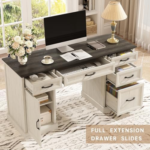 CARPETNAL 58'' Farmhouse Executive Desk with Drawers, Home Office Desk with File Drawer and Storage Cabinet, Rustic Computer Desk for Working, Studying, Writing, White - Image 4