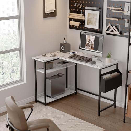 Pamray 40 Inch L Shaped Computer Desk with Reversible Side Storage Shelves, Small Corner Desk for Small Space Home Office, Writing Study Table PC Desk for Bedroom, Marble - Image 2