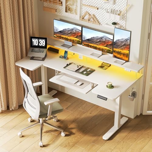 OffiGo 63 Inch U Shaped Electric Standing Desk with Keyboard Tray, White - Image 2