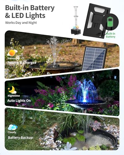 POPOSOAP 8W Solar Fountain Pump with 3200mAh Battery Backup & LED Lights, Solar Water Fountain Kit with 8 Nozzles & PVC Tubing for Bird Bath, Pond, Fish Tank, Backyard Decor P108DL - Image 3