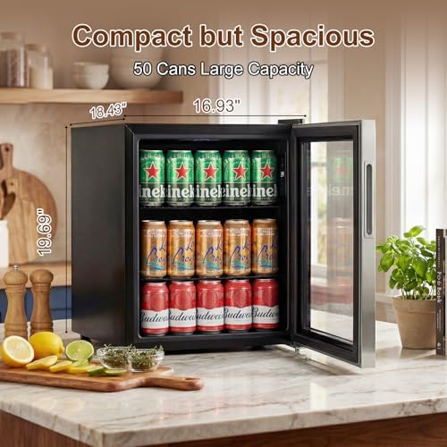 FoMup Mini Fridge 50 Can, Small Beverage Refrigerator with Reversible Glass Door, Countertop Drink Cooler with Temperature Control, Compact Beer Soda Fridge for Office Dorm Kitchen, Stainless Steel - Image 3