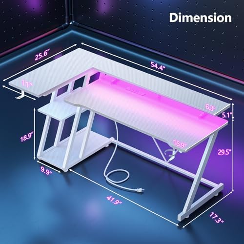Korfile 55 Inch White Gaming Desk with Power Outlet & LED Lights, L Shaped Computer Desk Gaming with 3 Tiers Storage Shelves, Reversible Corner Desk with Monitor Stand for Bedroom - Image 2