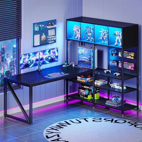 AODK 63" L Shaped Gaming Desk with Display Hutch and Large Desktop, Black by AODK