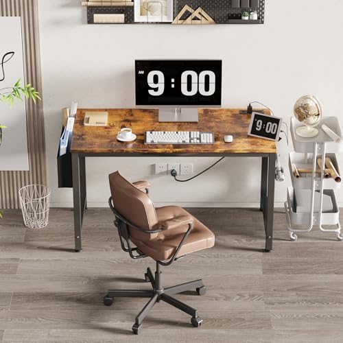 Lufeiya Computer Desk with Power Outlet, 47 inch Teen Study Table Home Office Work Writing Gaming Desks with Charging Station Outlets Built in, Brown - Image 2