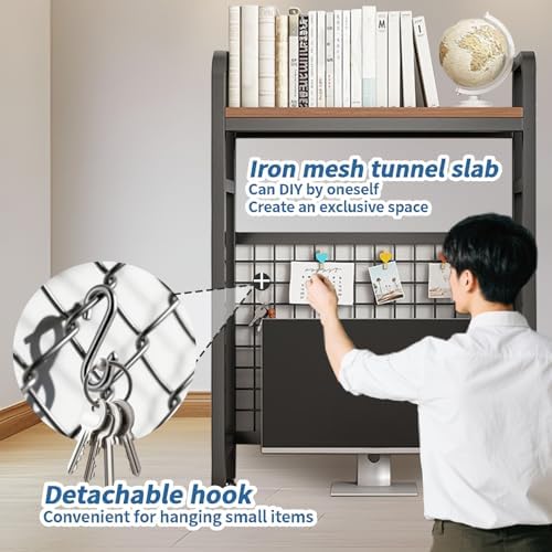 Desk Shelf Bookcase 1-Tier Metal Desktop Bookshelf Hutch with Grid Panel and DIY design possible Multipurpose Storage Organizer Display Rack for Dorm Office Home Computer Desk(Black 45.3"×7.9"×38.6") - Image 5