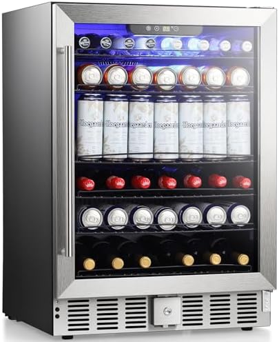 Antarctic Star 166 Can Beverage Refrigerator Cooler, 5.1 Cu.Ft Mini Fridge with Safety Lock, Beverage Cooler with Glass Door/LED Light/Adjustable Removable Shelves for Home/Office/Bar(Stainless Steel) by AntarcticStar