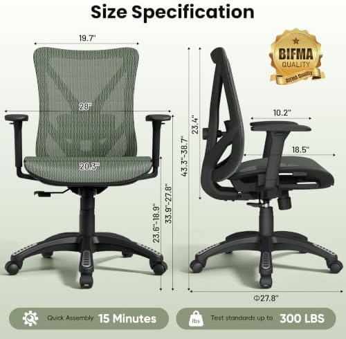 Ergonomic Office Chair, Mesh Computer Desk Chairs with BIFMA X5.1 Certified, Adjustable Lumbar Support, 3D Arm, Tilt Back, Wide Seat, Comfy Swivel Work Task Chair for Company and Home (Forest Green) - Image 3