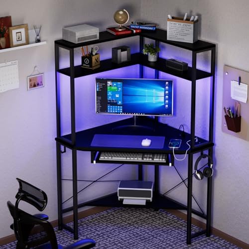 Corner Desk with Hutch and LED Light, Keyboard Tray, Black - Image 6