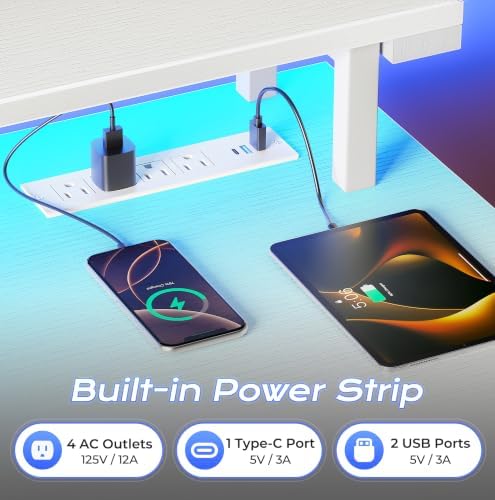 PRAISUN 48 inch Gaming Desk, LED & Power Outlets, Monitor Stand, White - Image 5
