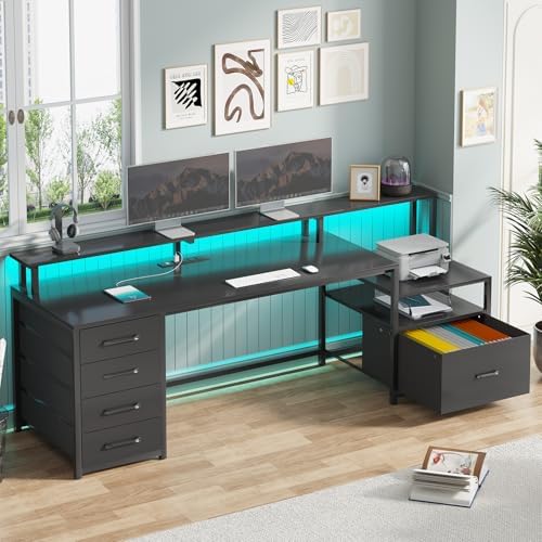 SEDETA Computer Desk with 5 Drawer, Power Outlet, Led Lights, Black by SEDETA