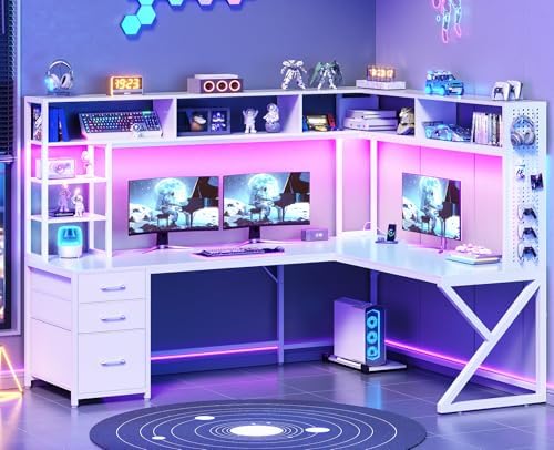SEDETA Corner Gaming Computer Desk with Storage Drawers, Hutch, LED Lights by SEDETA