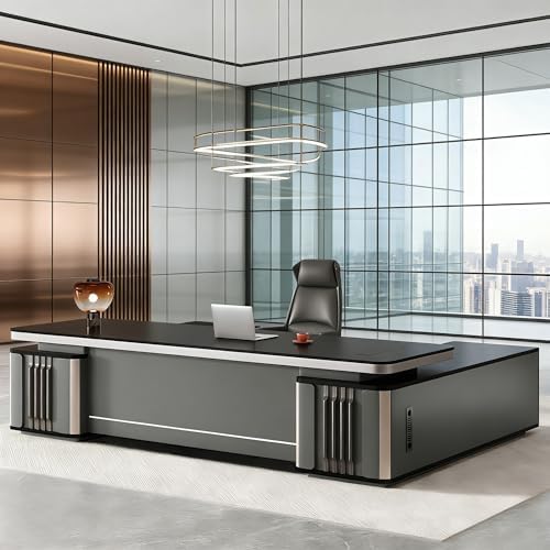 Modern L-Shaped Executive Desk with Drawers, Wooden Office Desk with Hidden Power Outlet, Digital Combination Lock, Aluminum Inlaid Desktop for Home & Professional Office by Unknown