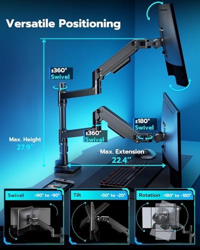 ARES WING Stacked Dual Vertical Monitor Arm with USB A/C for 17 to 49 Inch - Image 6