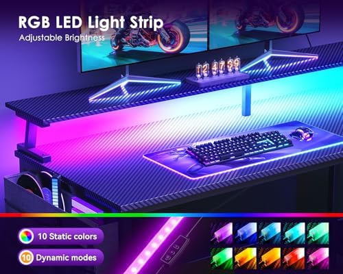 ODK 66 Inch L Shaped Gaming Desk with LED Lights, Power Outlets, Black - Image 5