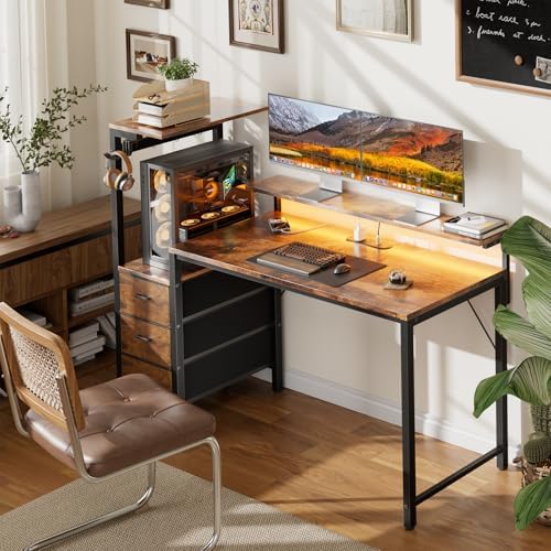 HLDIRECT 44 Inch Gaming Desk with Power Outlets & LED Lights, Rustic Brown - Image 2