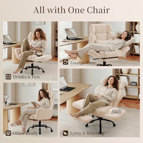 Office Chair with Flip Armrests,Big and Tall Office Chair with Foot Rest,Extra Wide Seat & Lumbar Pillow,Ergonomic Computer Gaming Chair,Comfy Criss Cross Chair for Pets Sitting,Teddy Fleece,Beige - Image 3