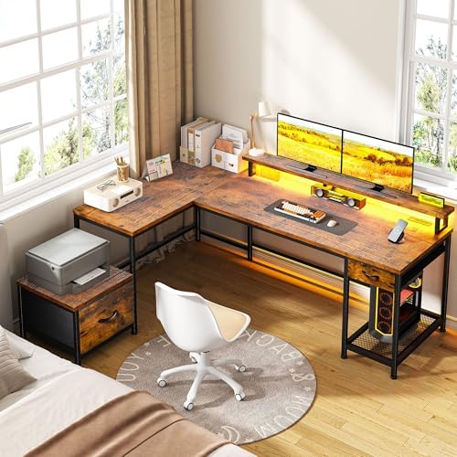 DurayLoly 63" L Shaped Desk with 2 Drawers and Printer Stand,Bedroom,Brown - Image 2
