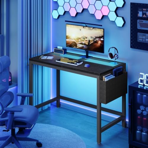YATINEY Computer Desk with LED Lights, Small Gaming Desk with Storage Bag - Image 2