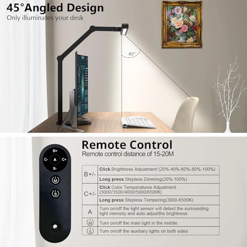 Micomlan Architect Desk Lamp with Remote Control, Adjustable Led Desk Light for Home Office with Base, 24W Bright Auto Dimming Table Light Rotatable Office Lamp with Swing Arm for Computer Cafting - Image 4
