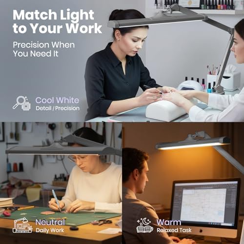 Neatfi 3,500 Lumens LED Desk Lamp – 45W Dimmable Task Light | Adjustable Color Temperature | 3 Light Modes | 540 SMD LEDs | Reading, Craft, Workbench & Office (Silver-2, 26-Inch Wide Shade) - Image 3