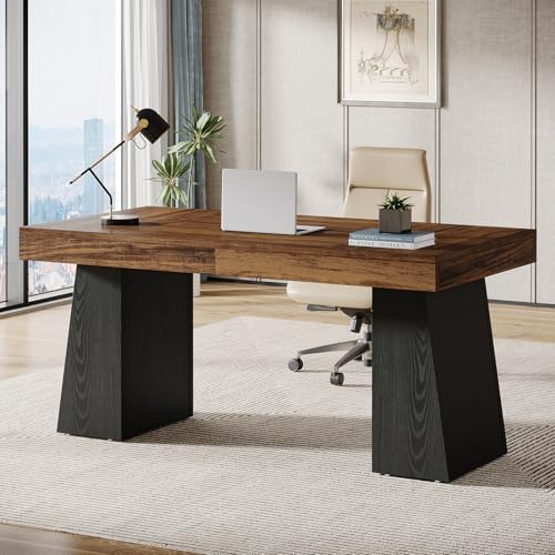 Tribesigns 55 Inches Executive Desk, Mid-Century Modern Home Office Desk, Wood Computer Table Business Workstation Small Conference Table, Black & Brown - Image 5