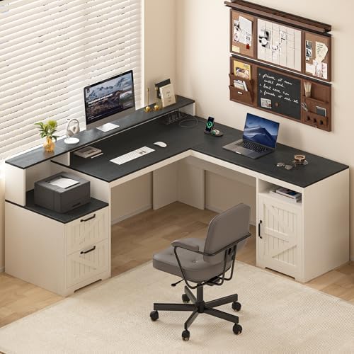 63" Farmhouse L Shaped Desk with Drawers & Printer Shelf for Home Office by YomiluveDesign