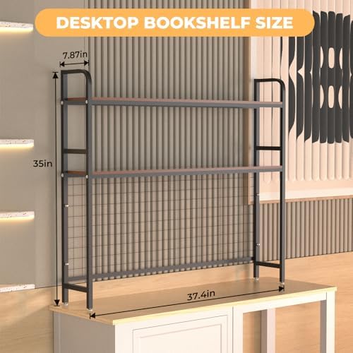 FAHKNS 2-Tier Desktop Bookshelf - Metal Desktop Bookshelf Organizer，Desk Book Organizer with 3 Hooks & DIY Storage Mesh，Suitable for Office/Game Room/Study/Powder Room（Black） - Image 2